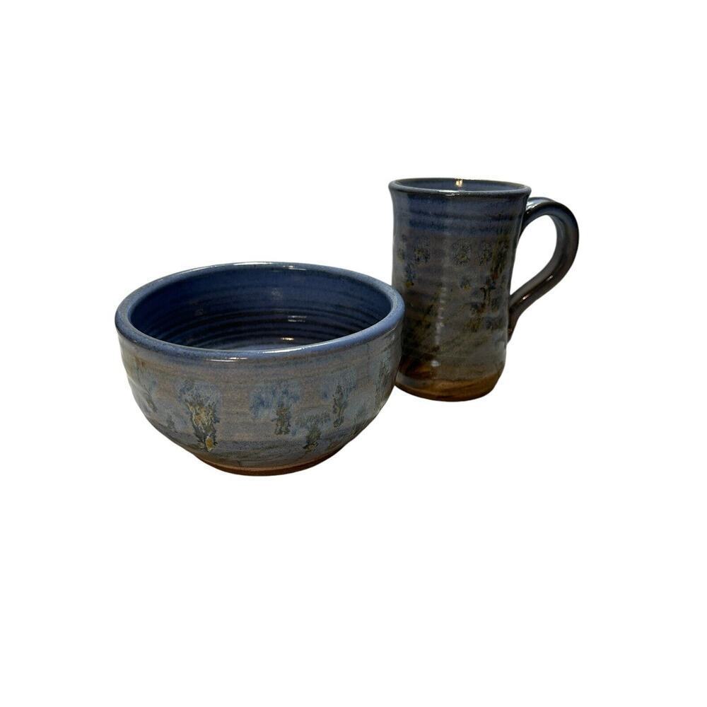 Hand Made Art Pottery Mug And Bowl Set Blues Grays Browns